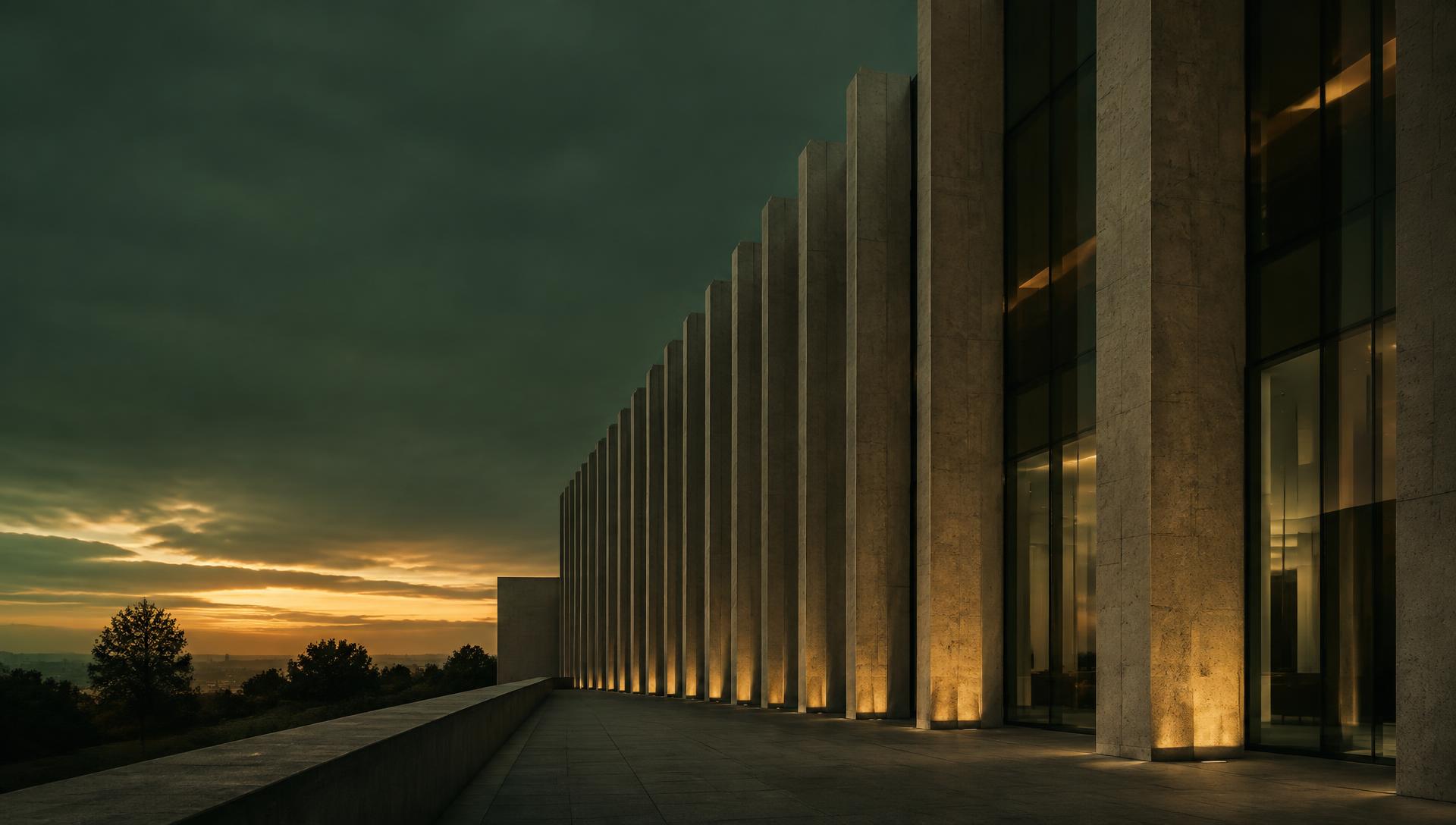 Institutional architectural facade at dusk with illuminated vertical stone fins